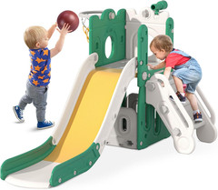 7 in 1 Toddler Slide, L-Shaped Baby Slide for Toddlers Age 1-3 with Basketball H