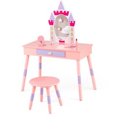 3 Pieces Kids’ Room Bundle: Twin Bed Frame Wardrobe Closet Vanity Table and Stoo