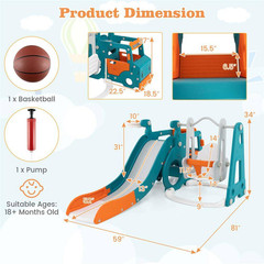 5-In-1 Toddler Slide Set with Basketball Hoop and Swing Baby Slide Playset Indoo