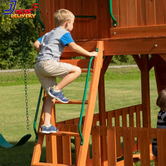 Skyfort II Cedar Wood Swing Set with Wave Slide Raised Clubhouse Outdoor Playset