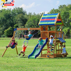 Beach Front Cedar Wood Swing Set with Wave Slide Play Deck Outdoor Playset NEW