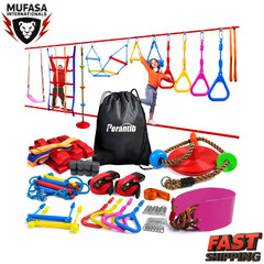 Ninja Warrior Obstacle Course Kids Outdoor Slackline Set w/ Swings & Ladder