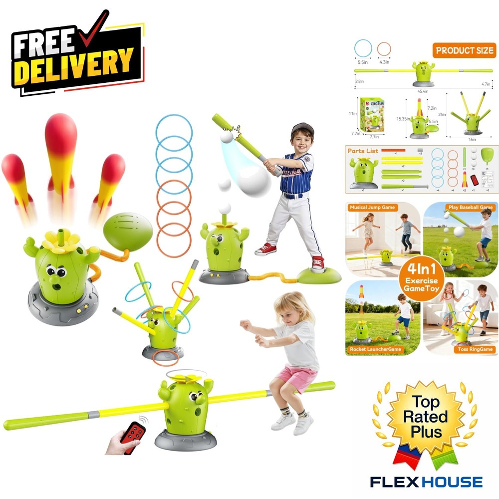 4-in-1 Cactus Outdoor Play Set for Kids Ages 3-8: Rocket Launcher, Baseball &…
