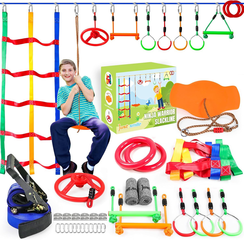 Ninja Warrior Obstacle Course for Kids Outside-Ninja Slackline 52ft with 11
