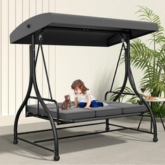 3-Seat Outdoor Porch Swing Glider with Adjustable Canopy, Patio Swings Bed with