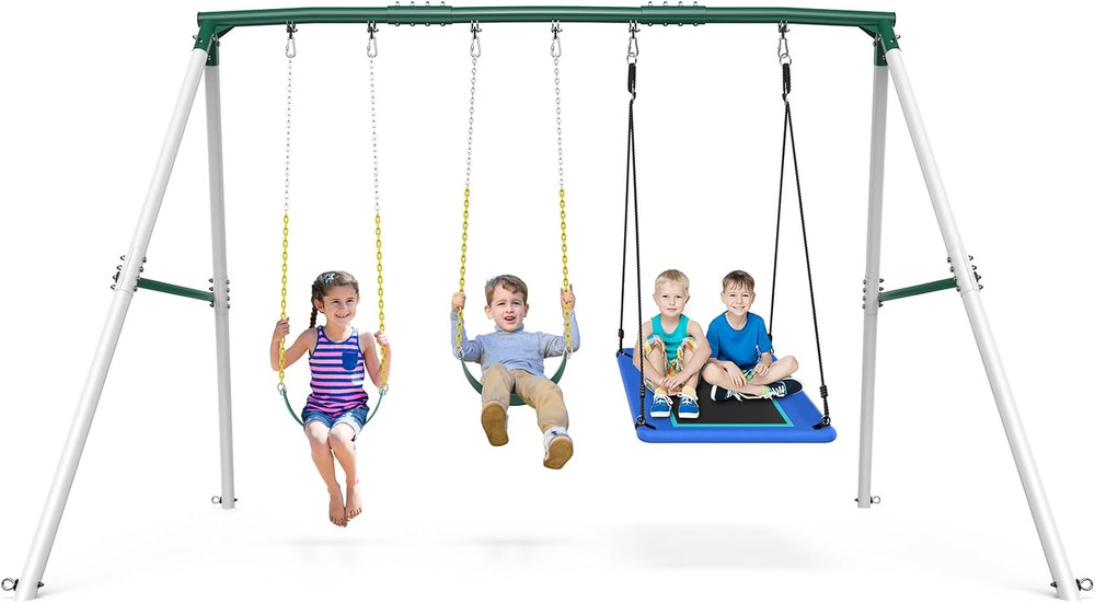 Heavy Duty 7.3Ft Metal Swing Set with 3 Swings for Outdoor Fun