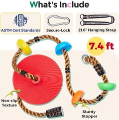 Climbing Rope Swing Disc Swing Seat Rope for Kids w/ Carabiners and Strap Red