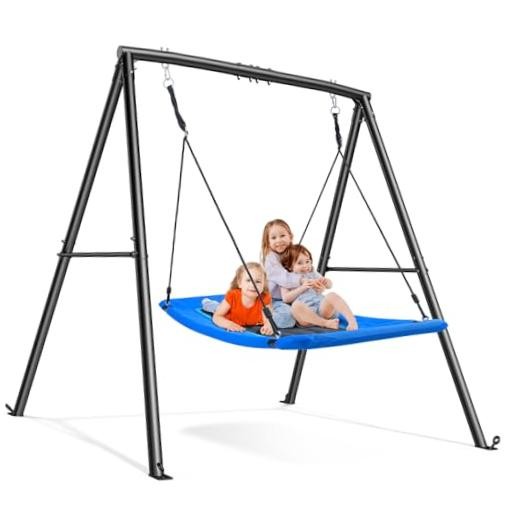 60″ Large Platform Saucer Swing with 440LBS & 6FT Black Frame + Blue Swing