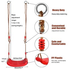 Heavy Duty Red Non-Slip Plastic Swing Seat, Adj Rope, Kids Indoor/Outdoor Fun
