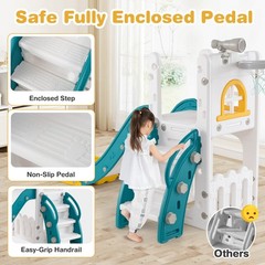 6 in 1 L-shaped Toddle Slide for Toddlers Age 1-3 Baby Slide w/ Basketball Hoop