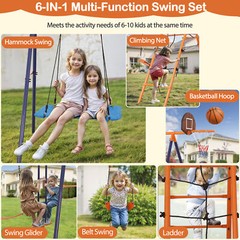 6-in-1 Kids Swing Set Backyard Playground Set Metal Swings Set for Kids Outdoor
