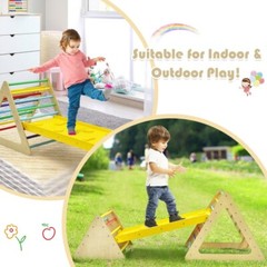 3-in-1 Kid Climbing Ladder Set 2-Triangle Climber W/ Ramp Sliding Wooden Playset