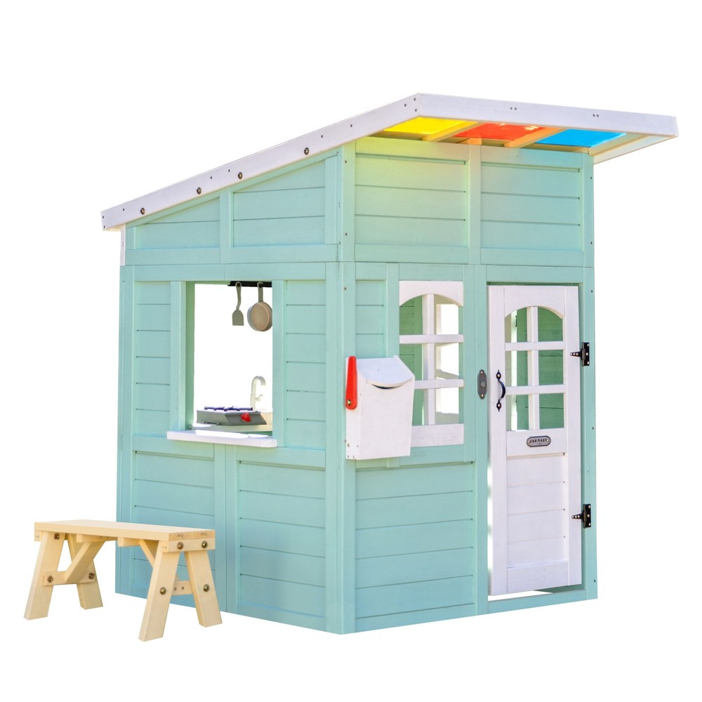 Teamson Kids Rainbow Shade Wooden Playhouse with Kitchen, Flower Box & Bench