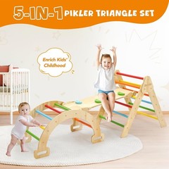 CoziBB Pikler Triangle Set, 5in1 Large Wooden Montessori Climbing Toys -Rainbow