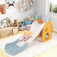 Indoor Foldable Kids Slide w/ Climber Basketball Hoop & Ball Buffer Zone