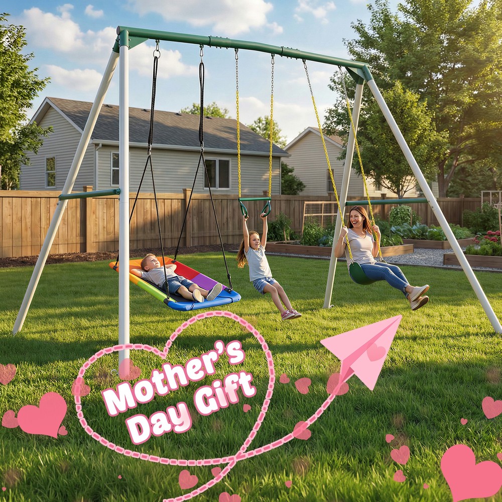 Hapfan 9.5ft Tall Heavy Duty Swing Set w/ Platform Swing, Trapeze Bar Belt Swing