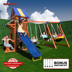 Wooden Swing Set with Saucer Swing Play Fort Bench with Table Sandbox Slide NEW