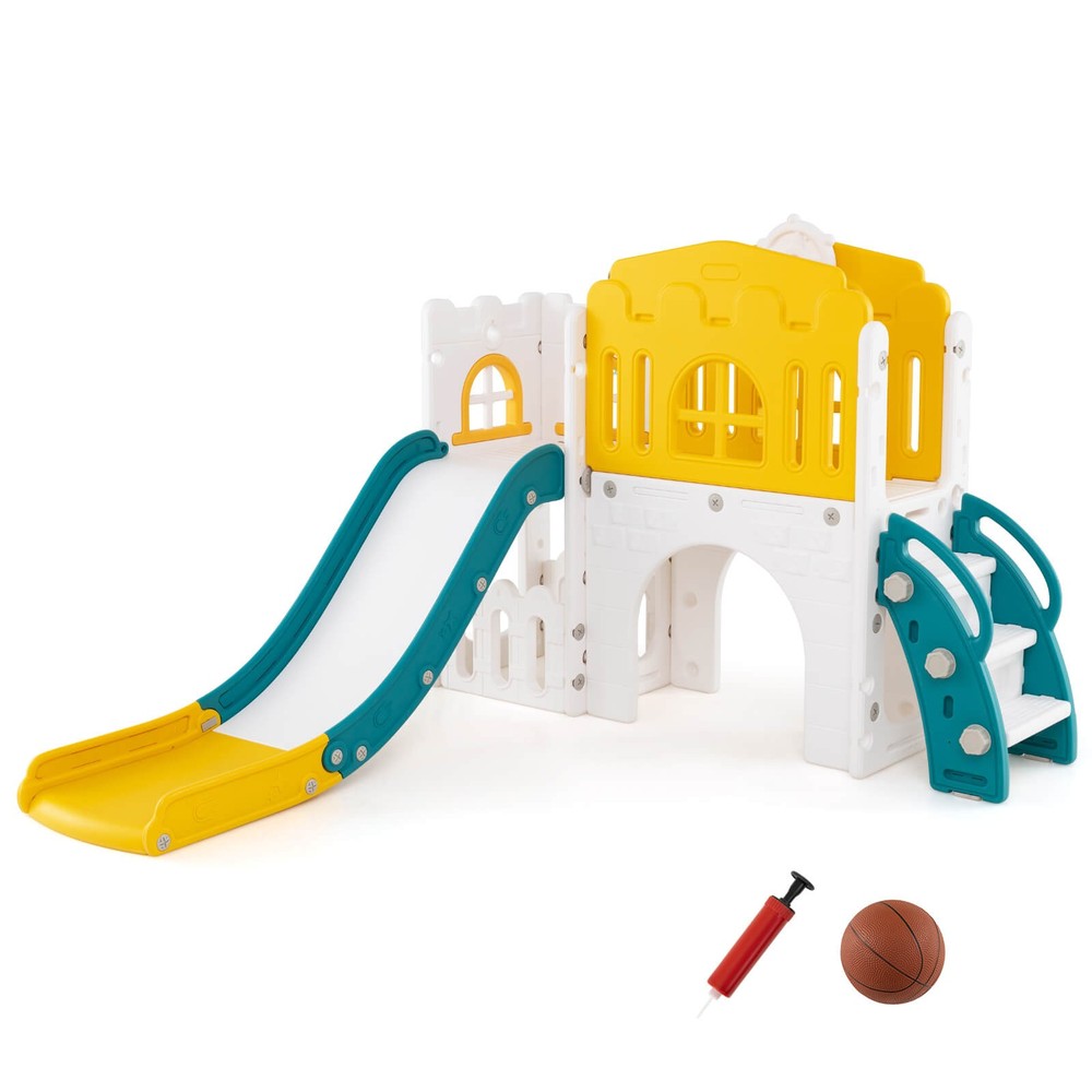 9 in 1 Toddler Slide L Shaped Kids Slide and Climber Playset w/ Basketball Hoop