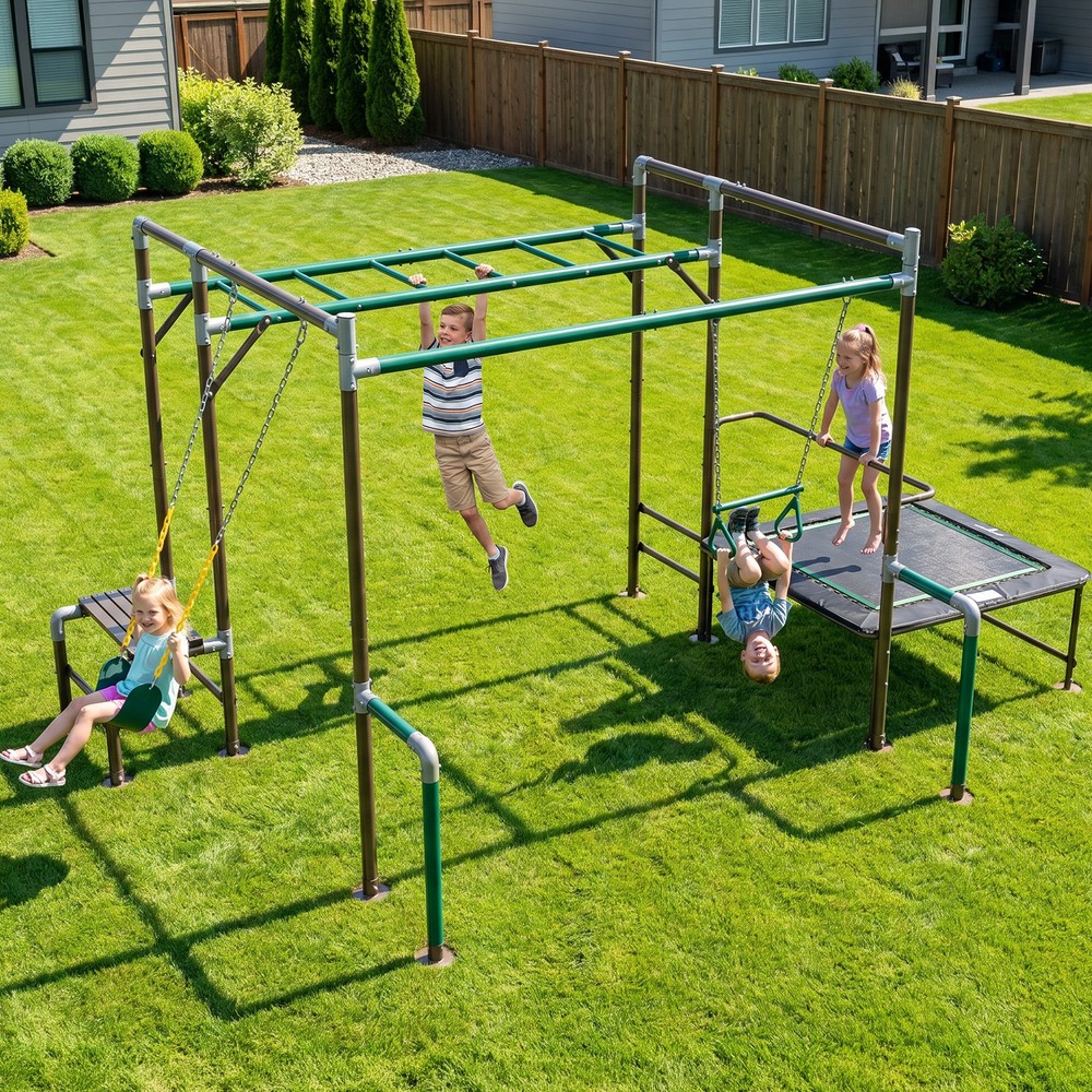 Kids Monkey Bars Swing Trapeze Bar All in One Playground Set Heavy Duty Backyard