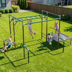 Swing Set Monkey Bars with Trampoline Belt Swing Heavy Duty for Backyard Playset