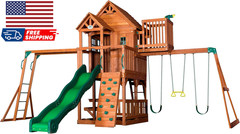 Skyfort II Cedar Wood Swing Set with Wave Slide Raised Clubhouse Crow’S Nest