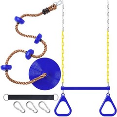 2 Set Gym Ring Trapeze Swing Bar and Climbing Rope with Platforms Disc Blue