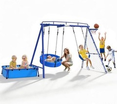5-in-1 Heavy Duty Metal Swing Set with Sandbox for Backyard, 800 LBS Blue