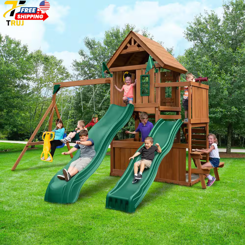 Wooden Outdoor Playground Set with Slides Rock Wall Swing Set & Playground Equip