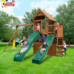 Wooden Outdoor Playground Set with Slides Rock Wall Swing Set & Playground Equip