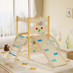 6-in-1 Wooden Indoor Play Gym Climber with Slide, Swing, Rock Wall, Rope Ladder