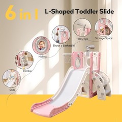 6 in 1 Toddler Playset with Slide Kids Slide with Basketball Hoop Toys Pink