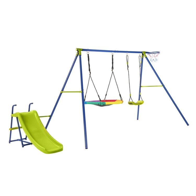 4-in-1 Kids Outdoor Heavy-Duty Metal Playset Swing Set w/Slide & Basketball Hoop