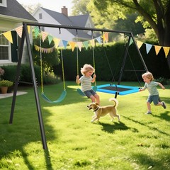600lbs Metal Swing Set with Three Swings Heavy Duty Frame Kids Backyard Playset