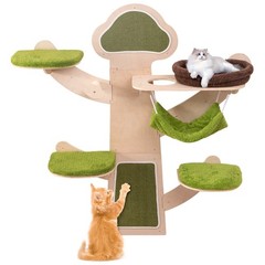 Wall-Mounted Cat Tower w/ Bed Hammock Sisal Scratching Post & Mats Cushions