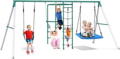 Heavy Duty Metal Swing Set with 2 Swings Ladder and Monkey Bar for Kids Backyard