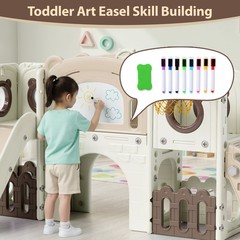 10-in-1 Kids Slide PlaySet w/ Drawing Board, Basketball Hoop, Telescope,Storage