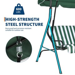 Adjustable 3-Seat Green Outdoor Swing with Canopy, Steel Frame & Thick Cushions