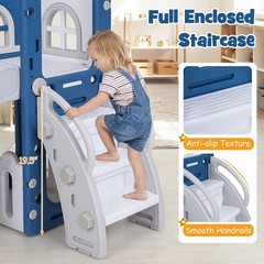 6-in-1 Kids Indoor Slide Playset w/Basketball Hoop, Telescope, Climbing Ladder