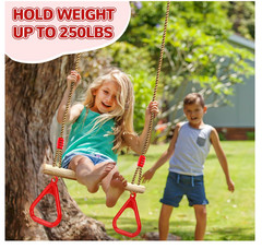 Wooden Trapeze Swing Bar, Adjustable Height Swing Set, Gym Rings, Playground Att