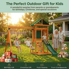 Wooden Swing Set Outdoor Kids Slide Backyard Playground Playset Rock Chalk Wall