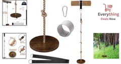 Wooden Round Disc Tree Swing Adjustable 51″-73″ Climbing Rope for Kids Outdoor