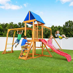 Wooden Swing Sets for Backyard, Kids Outdoor Playground Set with Monkey Bars, Wa