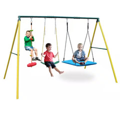 3 in 1 Indoor/Outdoor Metal Patio Swing Set with Safety Belt for Backyard