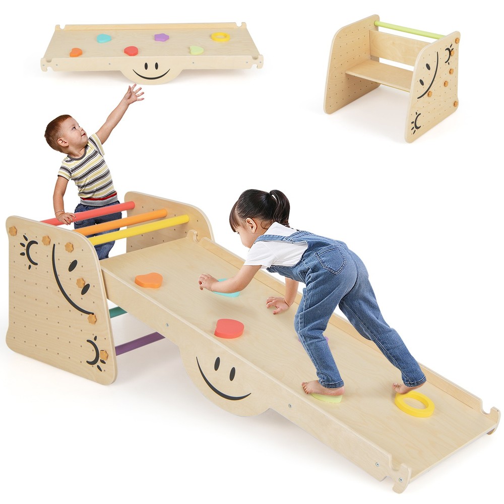 Wooden Climbing Toy Triangle Climber Set of 2 w/Seesaw Dual-sided Ramp Indoor