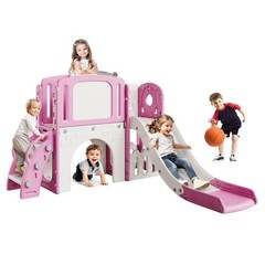Kids Playground Backyard Set,8-in-1 Toddler Slide Playset with Climber, Baske…