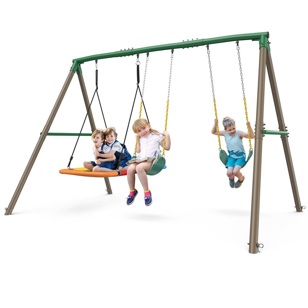 660lb 7.3ft Heavy-Duty Metal Frame Swing Set w/3 Swings for Kids Outdoor Playset