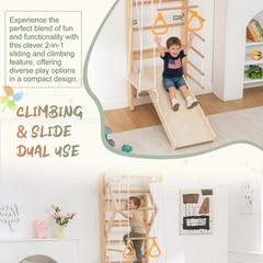 6-in-1 Swedish Ladder Wall Gym, Wooden Indoor Playground w/ Swing, Slide, Rings