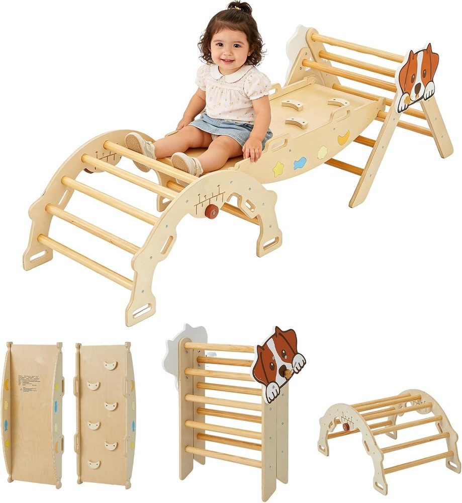 7-in-1 Pikler Triangle Climbing Set Foldable Wooden Toddler Climbing Toys Set