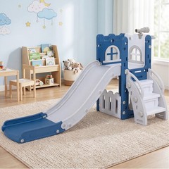 6-in-1 Kids Indoor Slide Playset w/Basketball Hoop, Telescope, Climbing Ladder