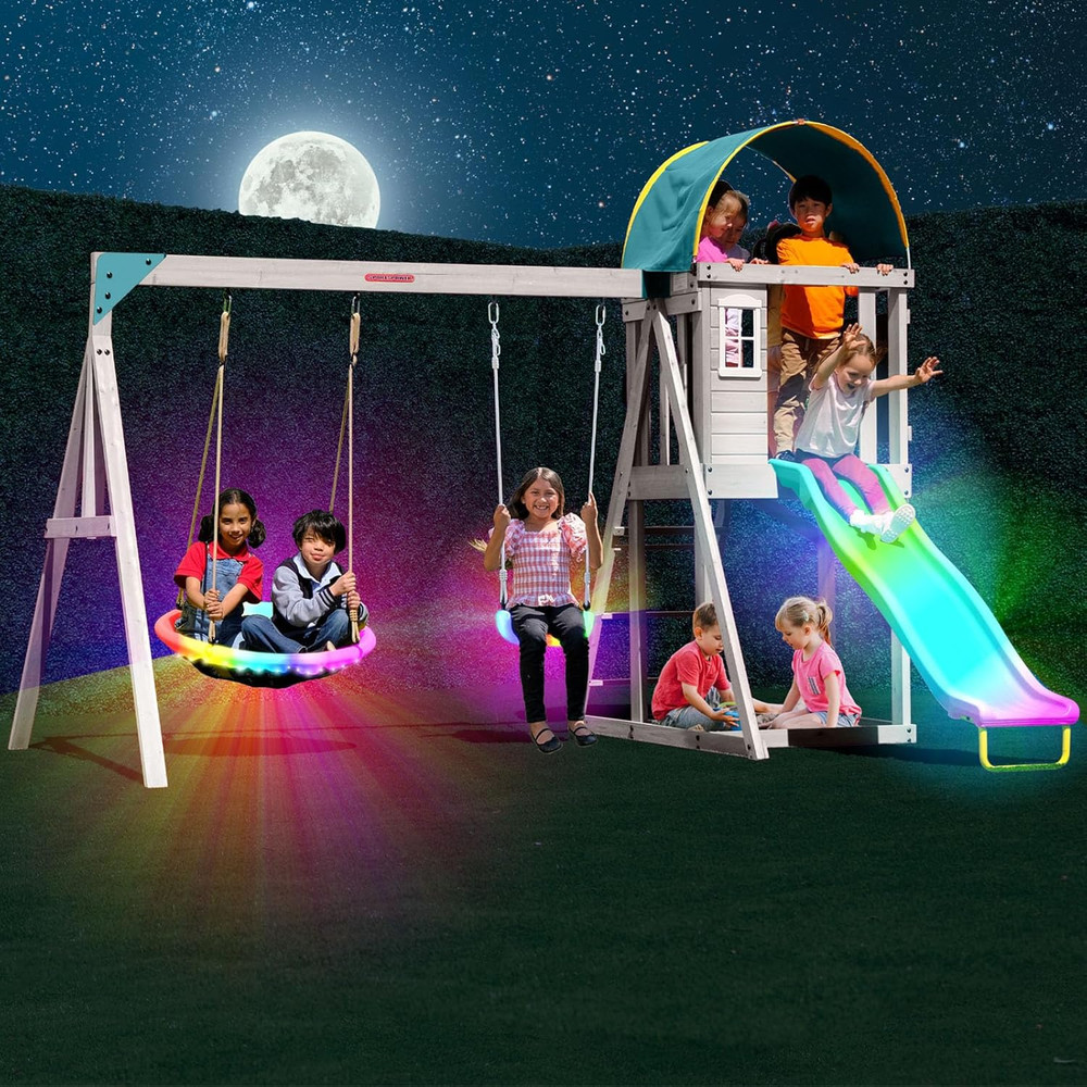 Backyard Cedar Swing Set w LED Swings Slide Fort Sandbox Heavy Duty A-Frame 6ft